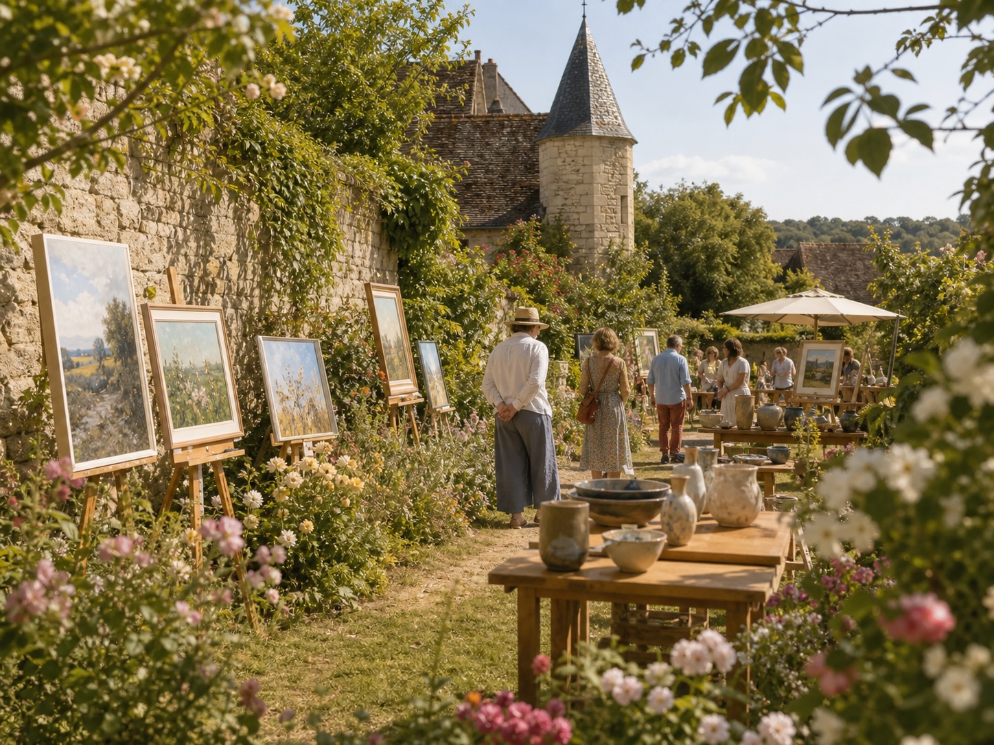 Peintures et céramiques exposées dans des jardins fleuris