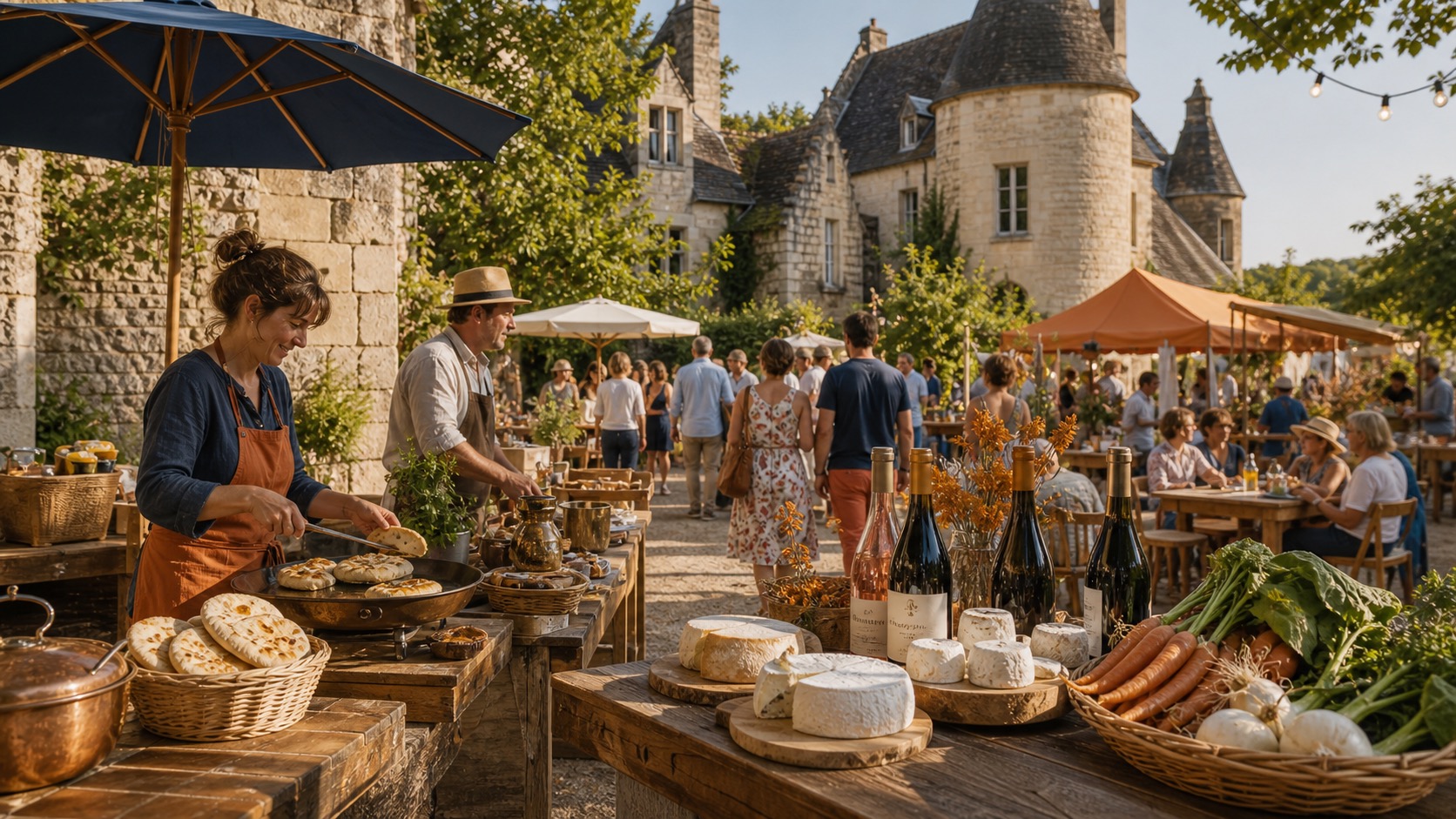 Marché gourmand avec fouées, vins, fromages de chèvre et producteurs locaux