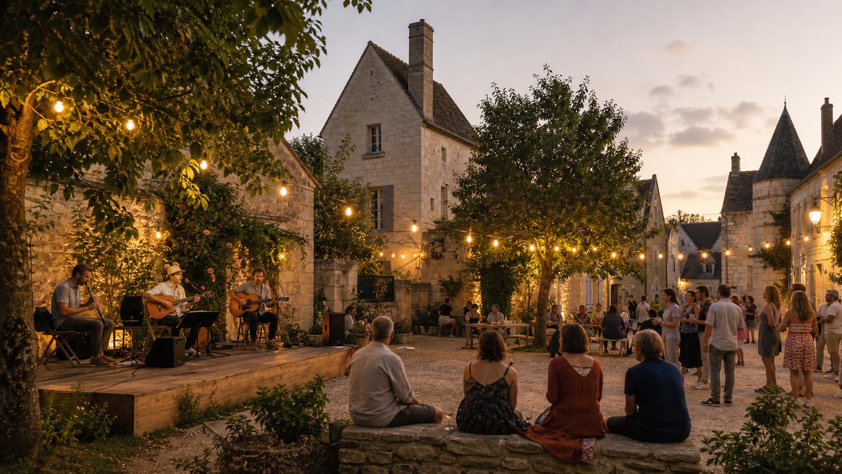 Concert acoustique en plein air dans une place de village